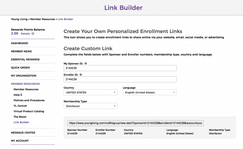 custom link builder young living 