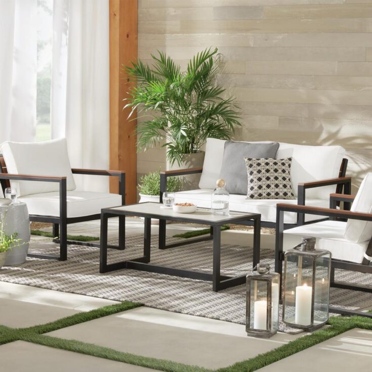 Image for West Park 4-Piece Black Aluminum Outdoor Patio Conversation Set with CushionGuard White Cushions