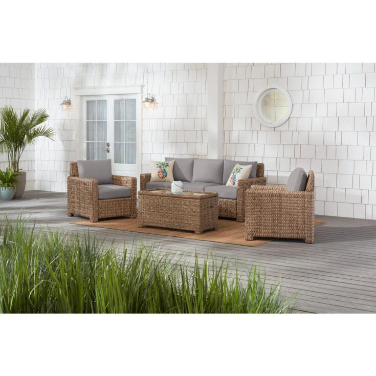 Image for Laguna Point 4-Piece Natural Tan Wicker Outdoor Patio Conversation Seating Set with CushionGuard Stone Gray Cushions