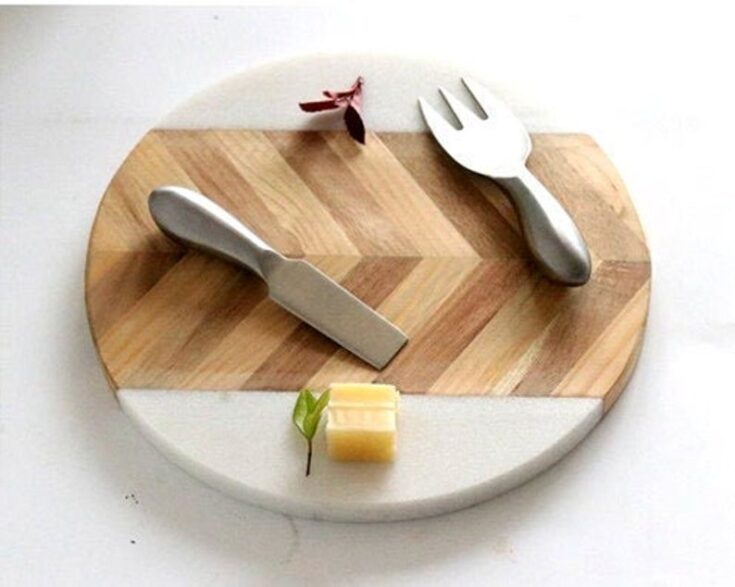 Image for Marble and Wood Herringbone Cheese Charcuterie Cutting Board 