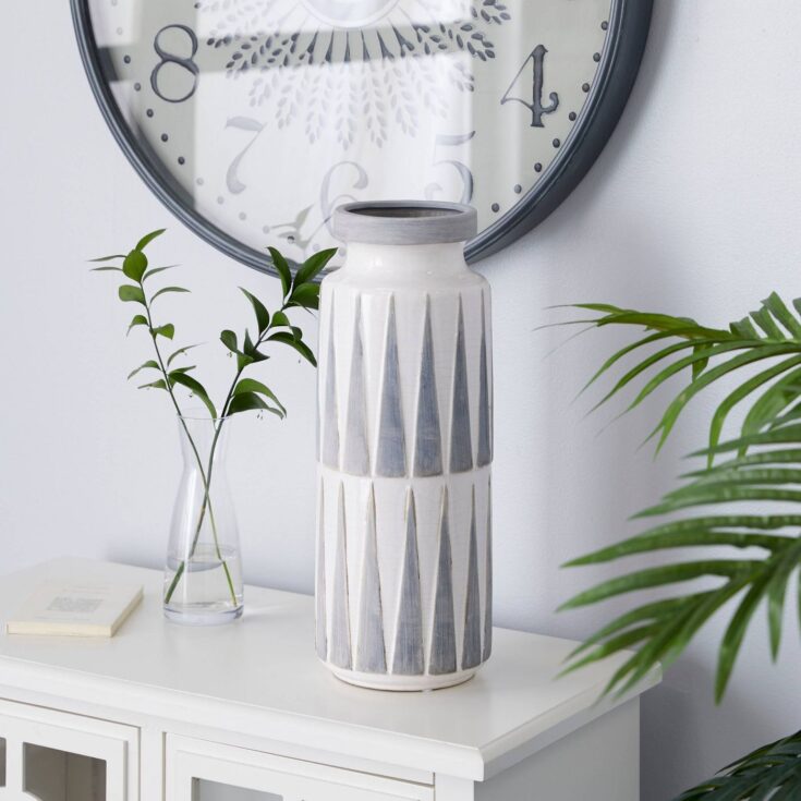 Image for 17" x 7" Round Textured Patterned Ceramic Vase White/Gray - Olivia & May
