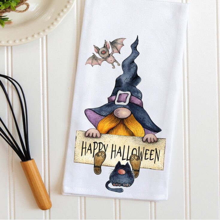 Image for Halloween Kitchen Tea Towel Happy Halloween Gnome Halloween | Etsy