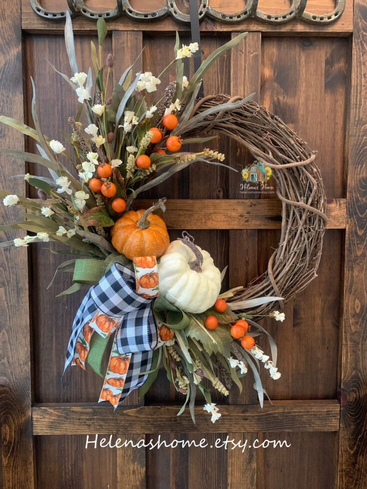 Image for Fall Wreath/Pumpkin Wreath/Fall Farmhouse Wreath/Fall | Etsy