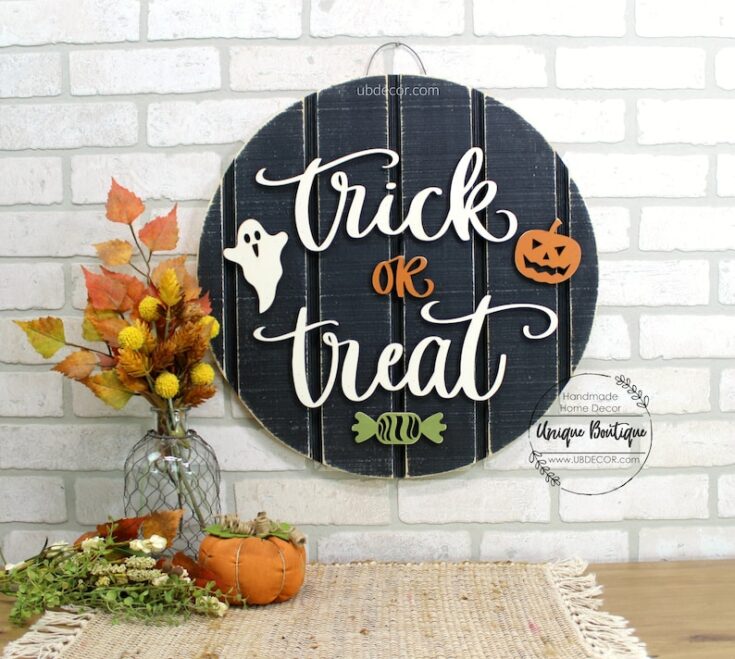 Image for Trick or Treat Halloween Door Hanger Fall Door Sign Rustic | Etsy
