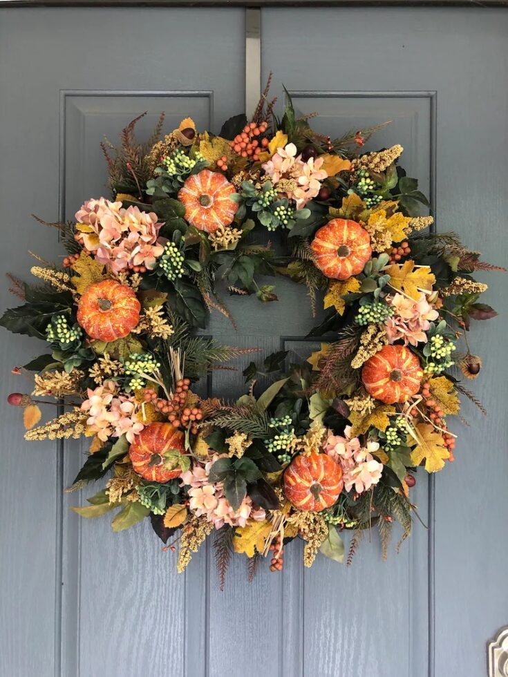 Image for Fall hydrangea wreath Pumpkin wreath Autumn wreath | Etsy