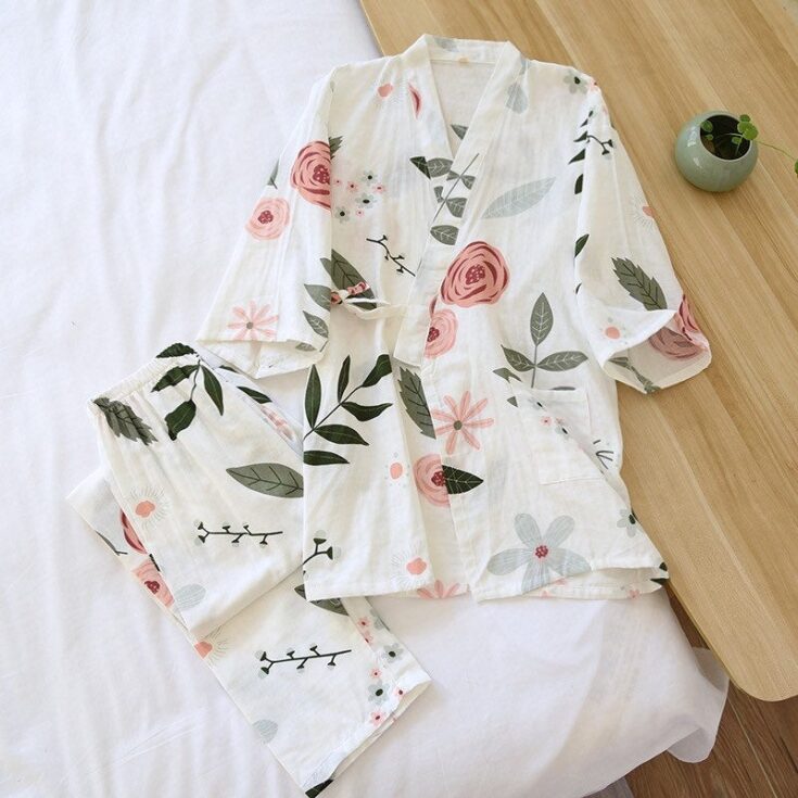 Image for 100% Cotton Print Rose Orange Floral Kimono Pajamas Women 