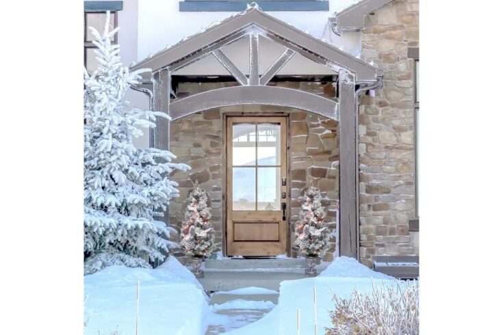 Image for Prelit Christmas Snow Flocked Porch Tree with Oversized Pinecones (Set of 2)