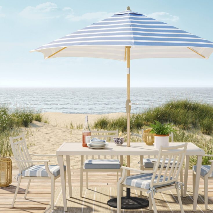 Image for 9' DuraSeason Fabric Striped Patio Market Umbrella Navy/Linen - Threshold