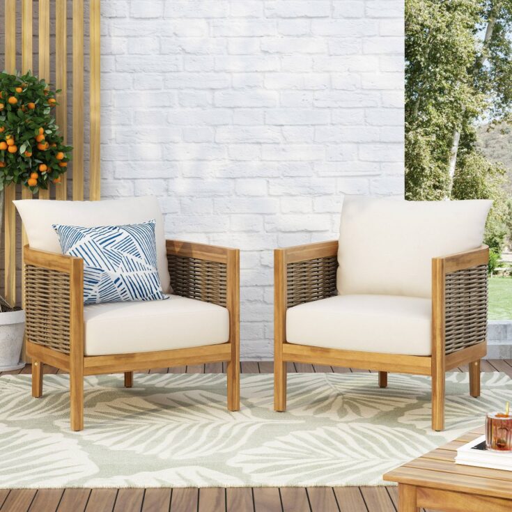 Image for Burchett 2pk Outdoor Acacia Wood Club Chairs with Cushions - Teak/Brown/Beige - Christopher Knight Home
