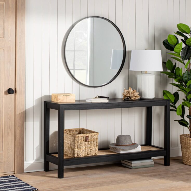 Image for Console Table with Woven Rattan Shelf Black - Threshold" designed with Studio McGee