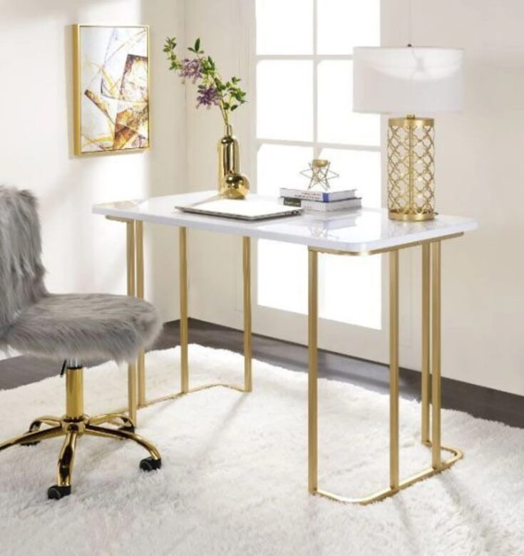 Image for Modern Contemporary 48in Writing Computer Desk White W/ Gold | Etsy