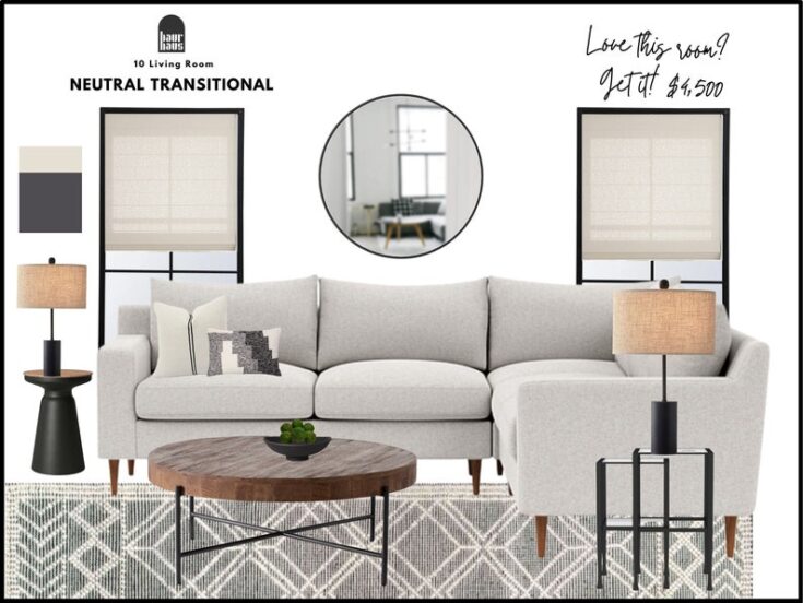 Image for Neutral Transitional Living Room Package|Pre-designed Room|Online Interior Design|Interior Design...