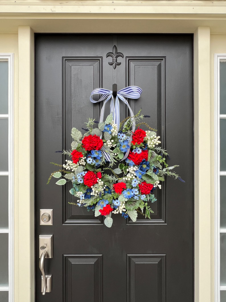 Image for Patriotic Summer Wreath with Red, White and Blue, Red Geranium Door Decoration, Americana Ornaments for Door