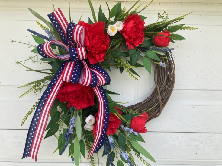 Image for Patriotic Floral Grapevine Wreath for Front Door, Red White and Blue Vine Door Decor, 4th of July Floral and Ribbon Wreath