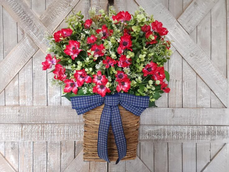 Image for Summer Decorative Door Wreath, Floral Wall Basket, Red Door Decor, Anemone Flower Hanging Arrangement, Patriotic 4th of July Decoration