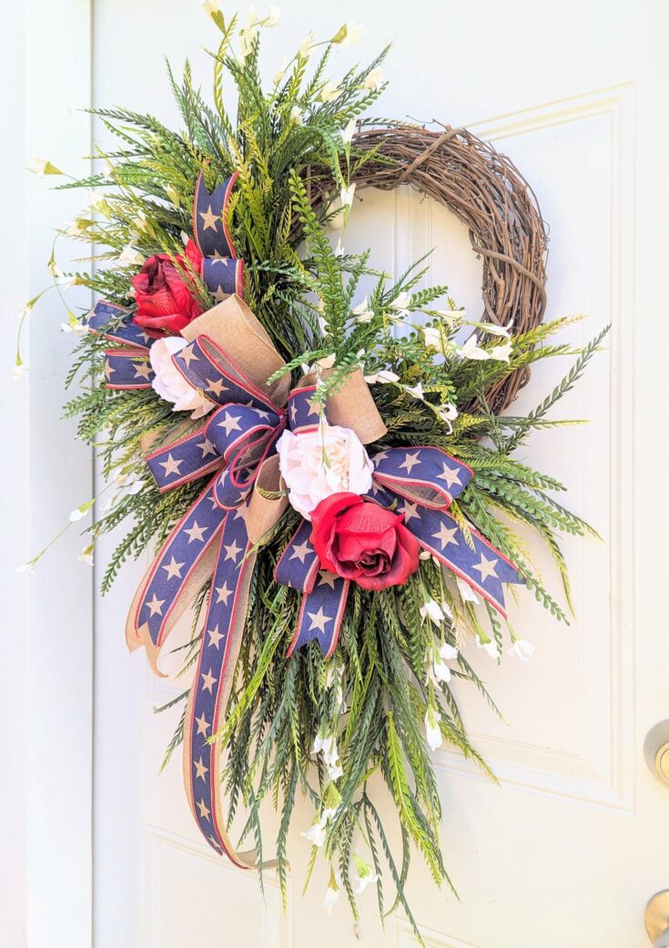 Image for atriotic Cascade Saw Grass Wreath For Front Door; American Flag Red White Blue July 4th Wreath, Peony Rose Flowers wreath, Holiday Wreath