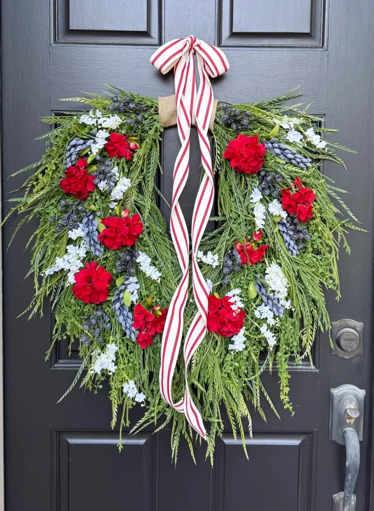 Image for Summer Cascading Patriotic Wreath, Geranium Wreath, Red White Blue Front Door Wreath, Modern Farmhouse Decor, 4th of July Decor, Gift Idea