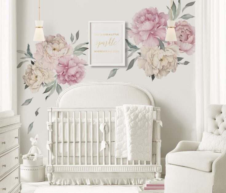 Image for Watercolor Peonies Repositionable Decal, Peel and Stick Decal, Floral Fabric Decal for Nursery or Girl's Room, PVC Free Non Toxic - Etsy