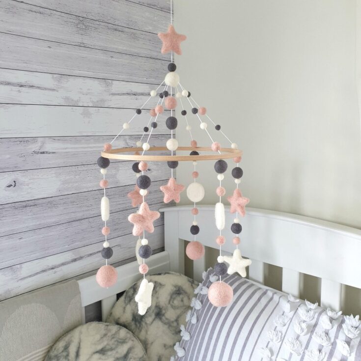 Image for Rose Pink & Grey Baby Mobile, Nursery Mobile Girl, Cot Mobile, Crib Mobile, Felt Ball Mobile, Star Baby Mobile, Girl Mobile, Nursery Decor - Etsy