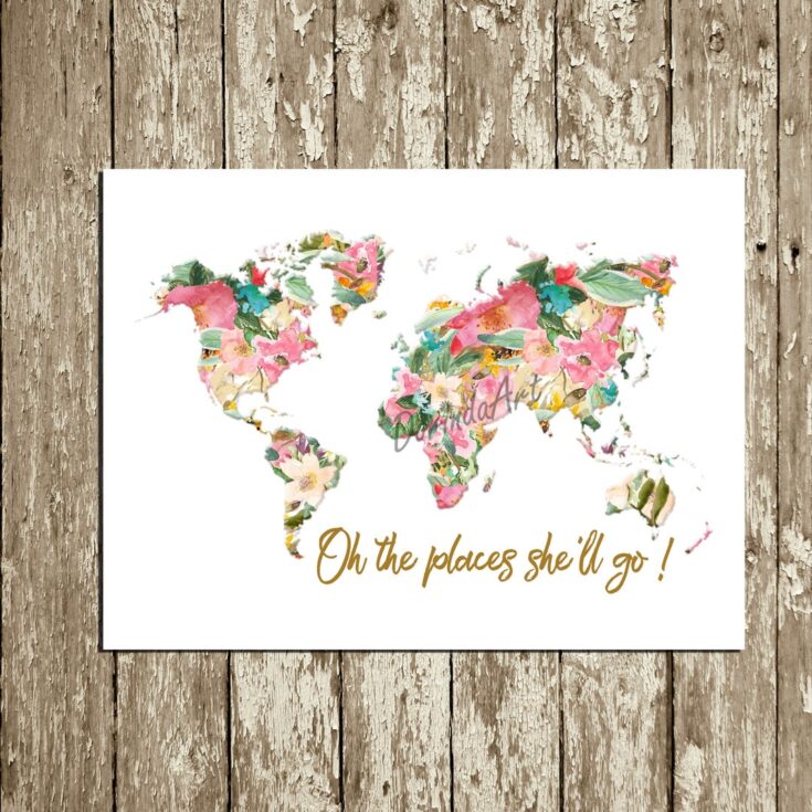 Image for Large Floral World Map Print, Baby Girl Nursery, New Baby Girl Gift, Girl Nursery Decor, Nursery Prints, Girl Nursery Wall Art, Printable - Etsy