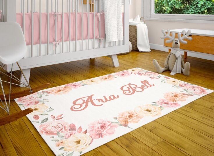 Image for Personalized Rug, Pink Floral Room Decor, Monogrammed Playroom Mat, Customized Nursery Decor Baby Girl Bedroom Carpet Custom Indoor Area Rug - Etsy