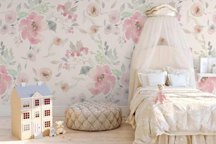 Image for Removable WALLPAPER ELIZABETH S Pink Girl Floral Nursery Mural Watercolor Flowers Fabric Peel & Stick Removable Self Adhesive Fabric 0133S - Etsy