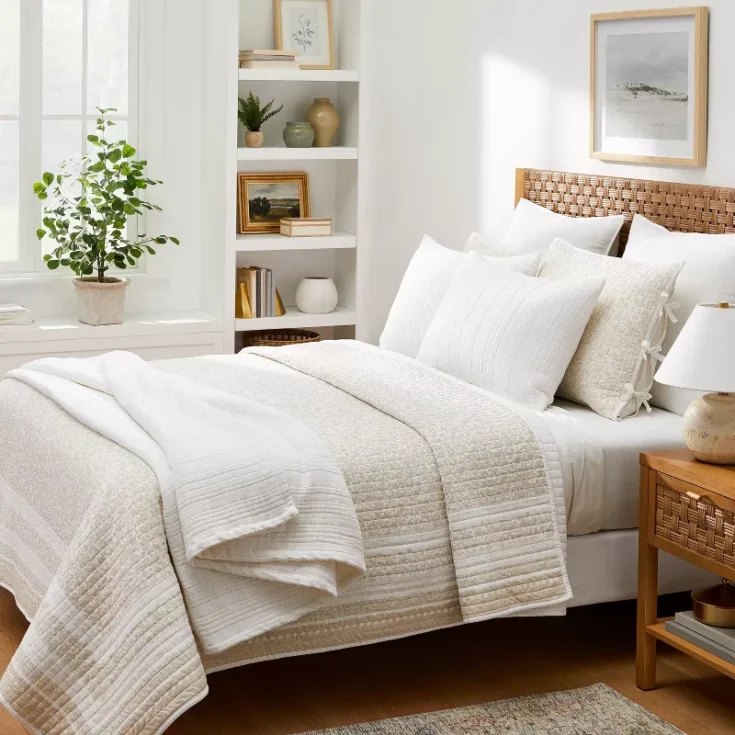 Image for Target | Full/Queen Decorative Border Cotton Slub Wood Block Print Quilt White/Beige Floral - Threshold"...