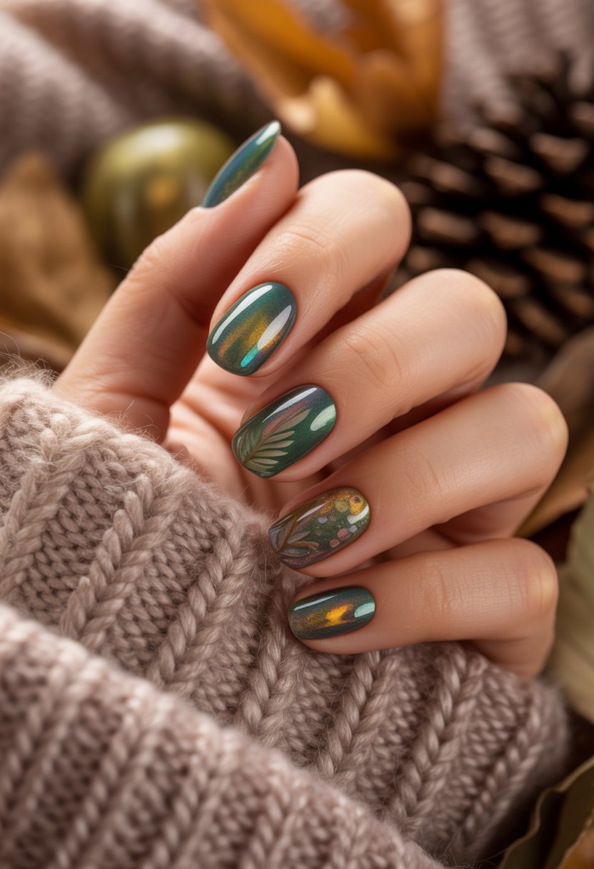 Close-up of a hand with deep green iridescent cat eye nails featuring five unique fall designs resting on a cozy autumn background.