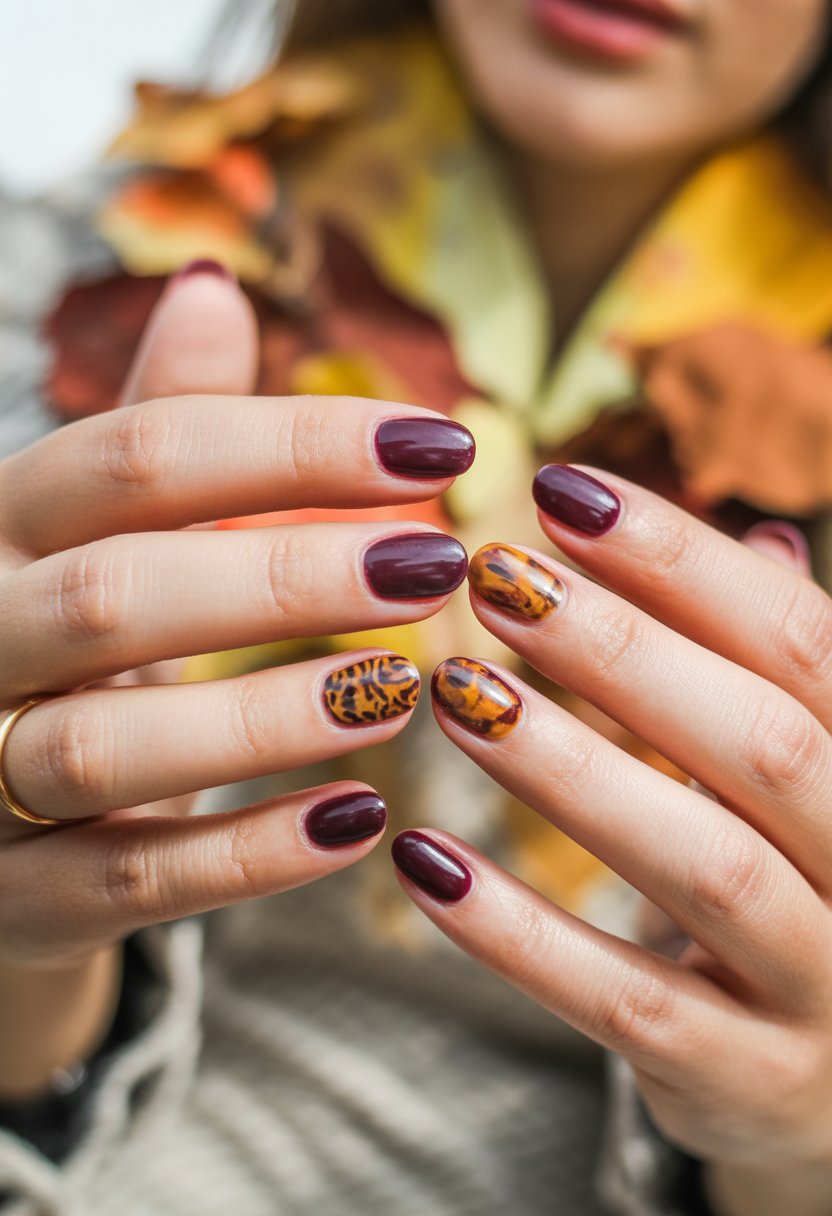 Close-up of hands with deep plum nails featuring glossy animal print tips in a fall setting.