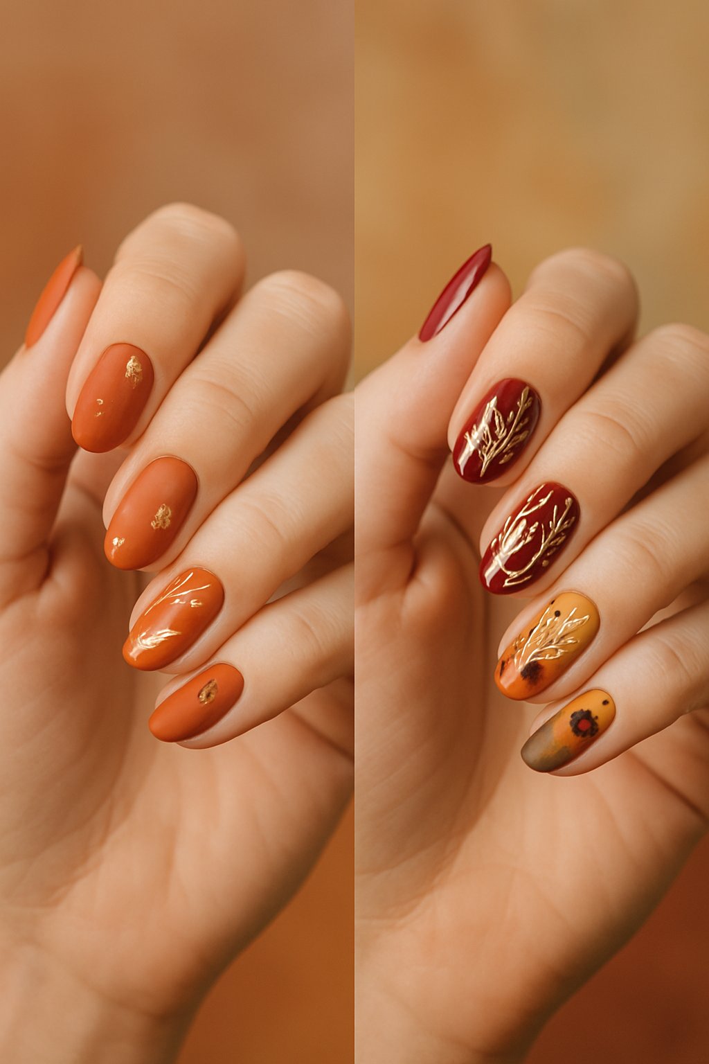 Three hands showing different fall-themed nail designs with autumn colors and patterns.