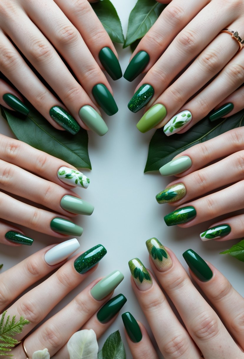 Fifteen hands showing different green nail designs with fall-inspired patterns and colors.