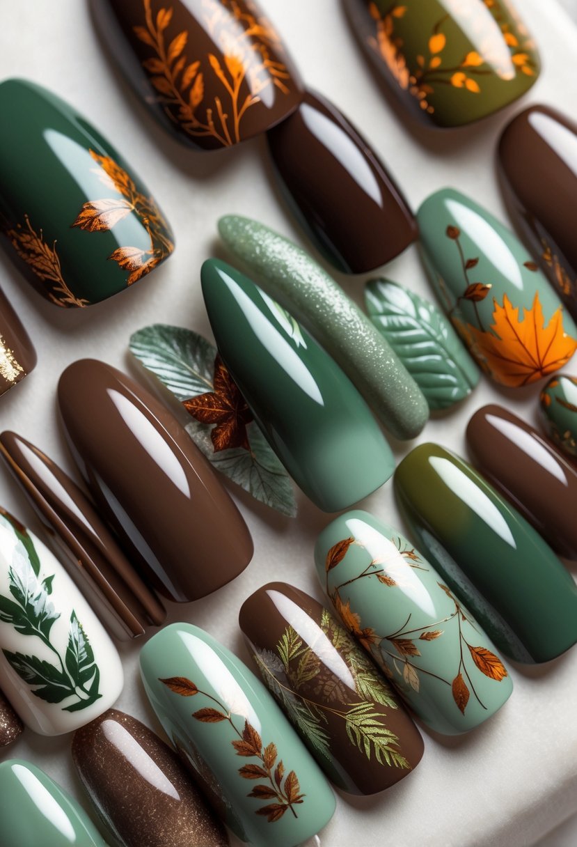 A collection of 15 nails painted in chocolate brown and green shades with various fall-inspired designs arranged on a neutral background.
