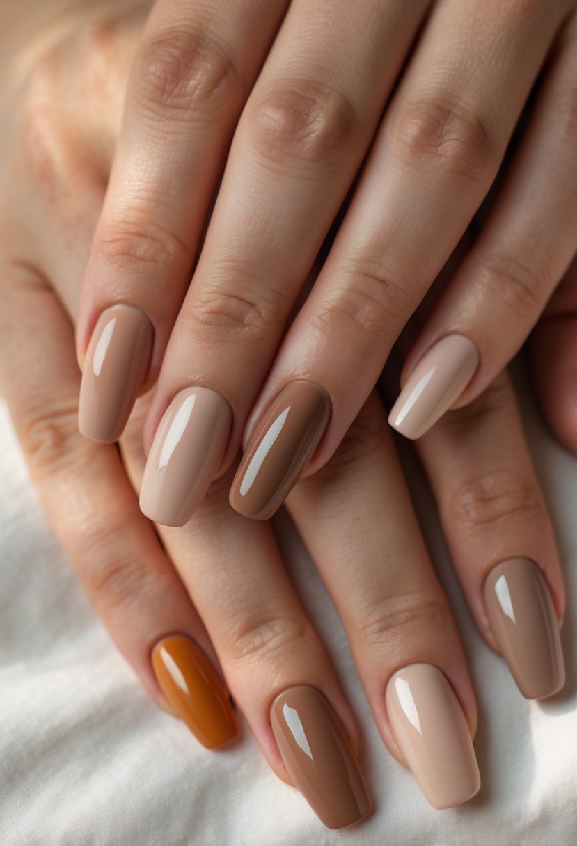 Close-up of hands showing short nails painted in earthy neutral fall colors with a soft curved shape.