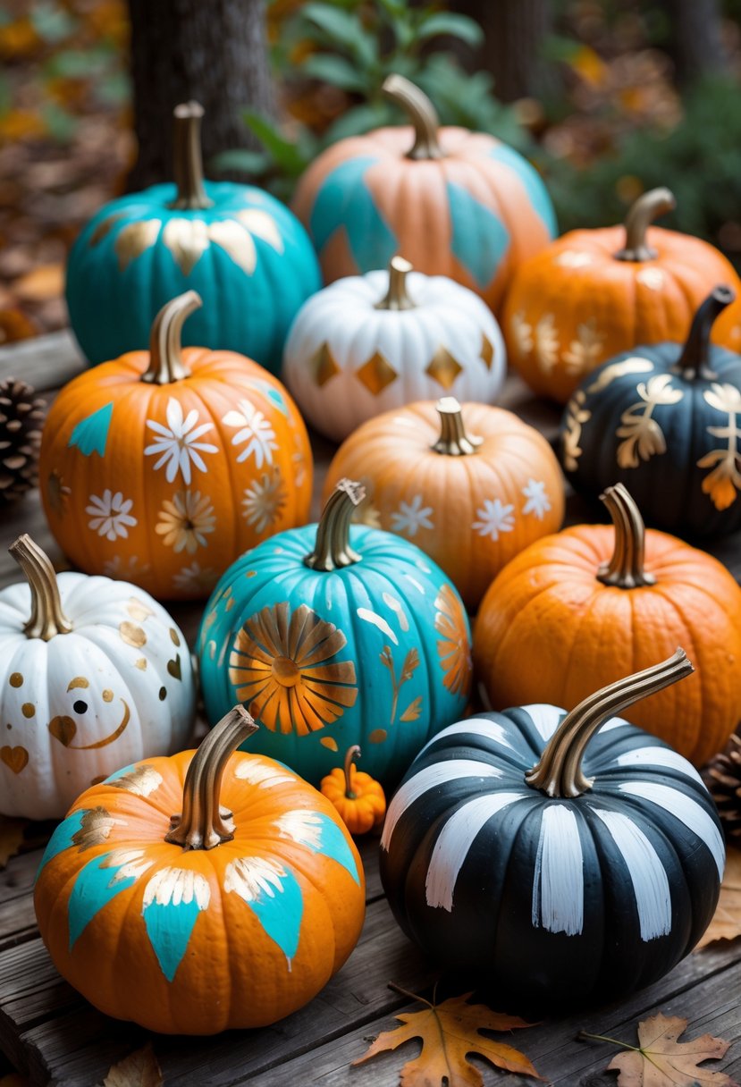 Ten creatively painted pumpkins with different colorful designs arranged on a wooden table surrounded by autumn leaves and natural decorations.
