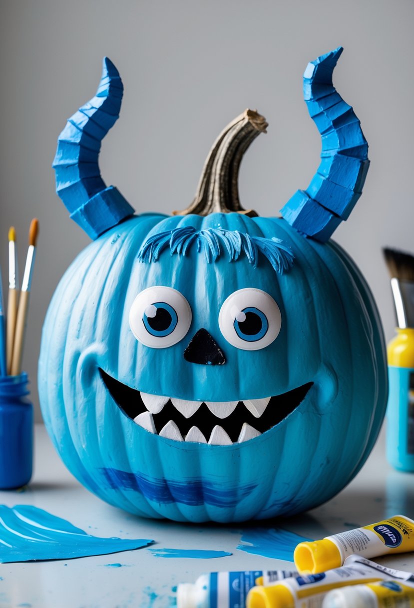 A blue painted pumpkin with cereal box horns resembling a character from Monsters Inc. displayed on a plain surface.