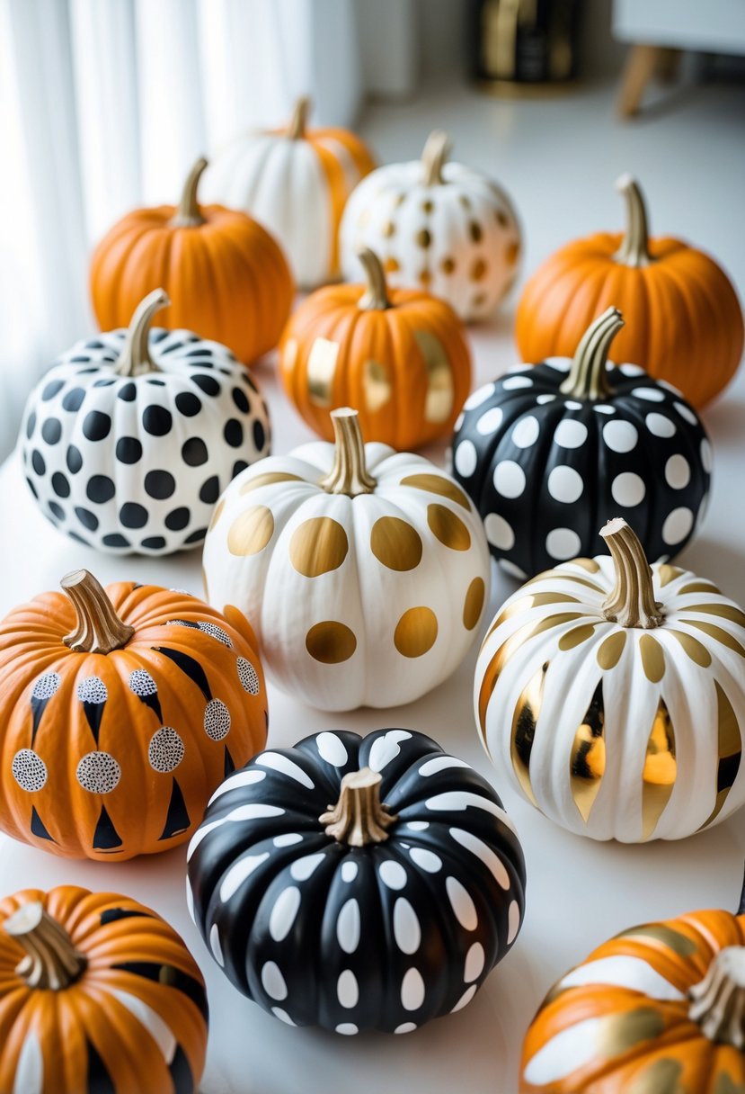 Ten painted pumpkins decorated with polka dots and geometric patterns arranged on a white surface.