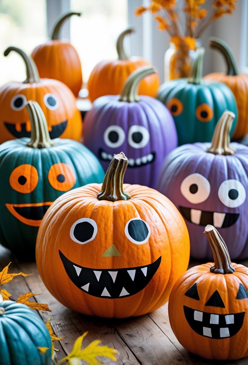 A group of pumpkins painted with simple, colorful monster faces arranged on a table.
