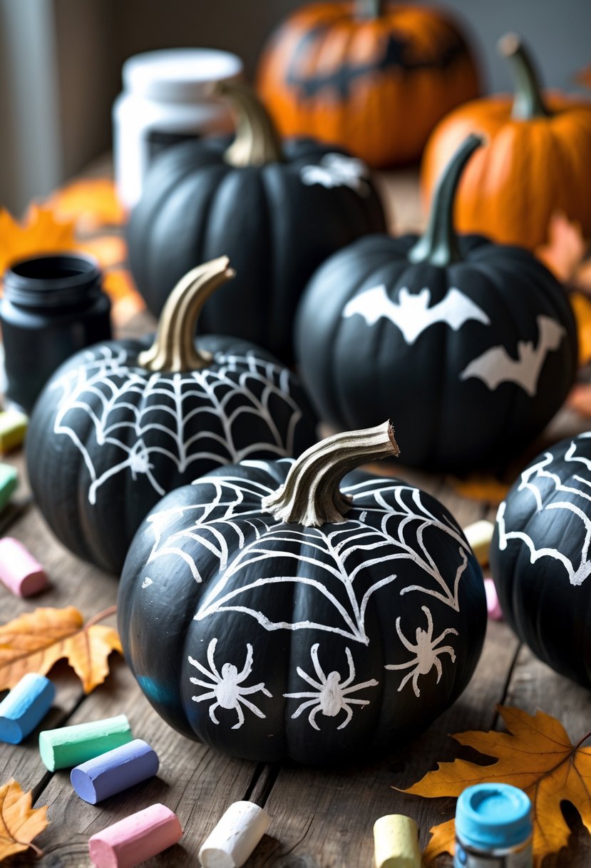 Several black-painted pumpkins decorated with chalk drawings and surrounded by chalk pieces on a wooden table.