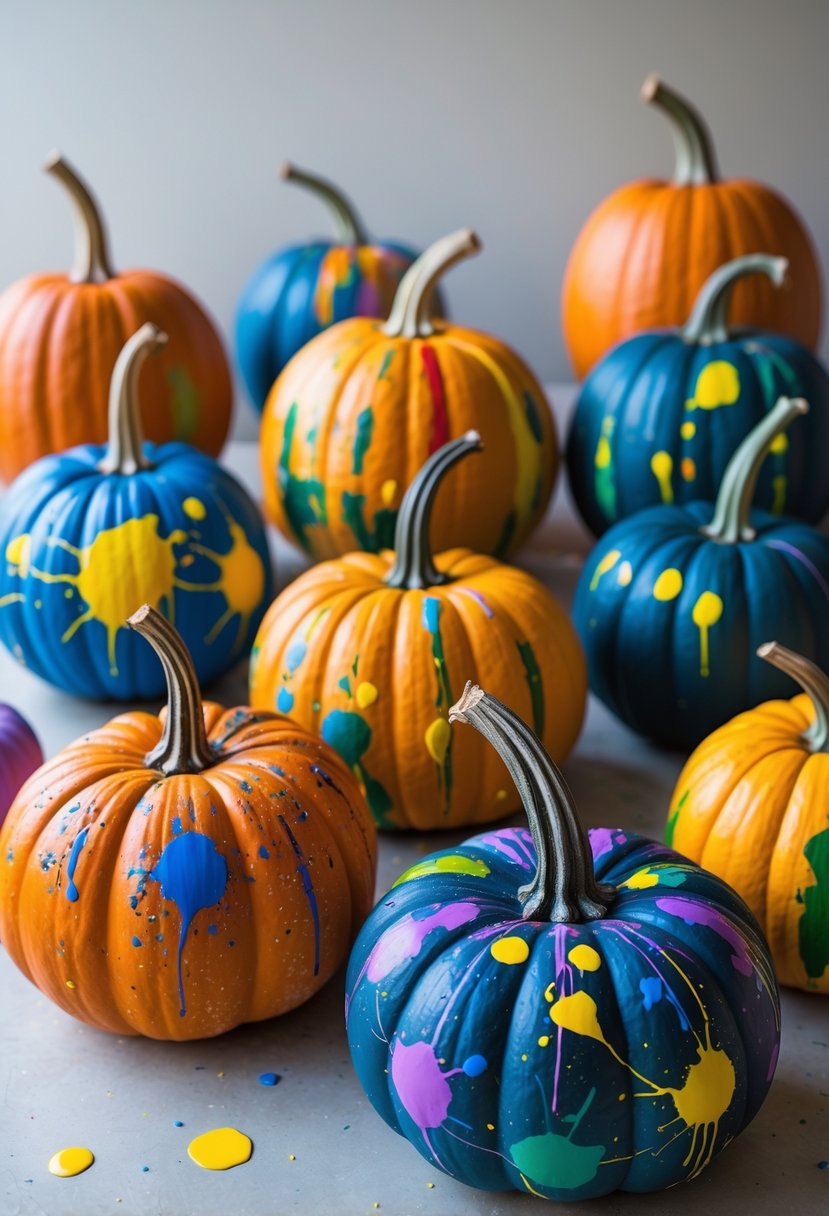 Ten colorful painted pumpkins with splattered paint designs arranged on a surface.