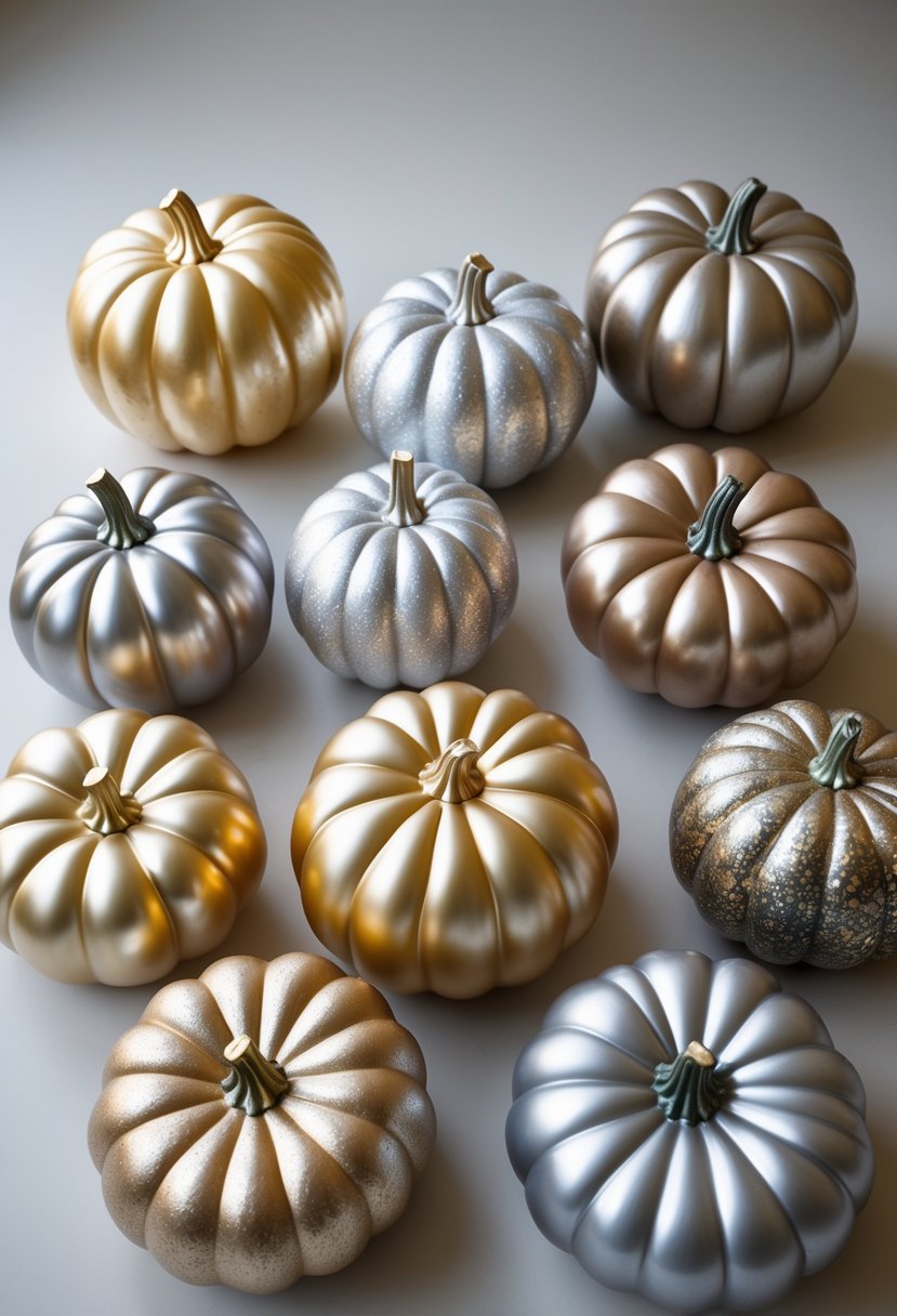 A collection of ten pumpkins painted in metallic gold and silver colors arranged on a plain surface.