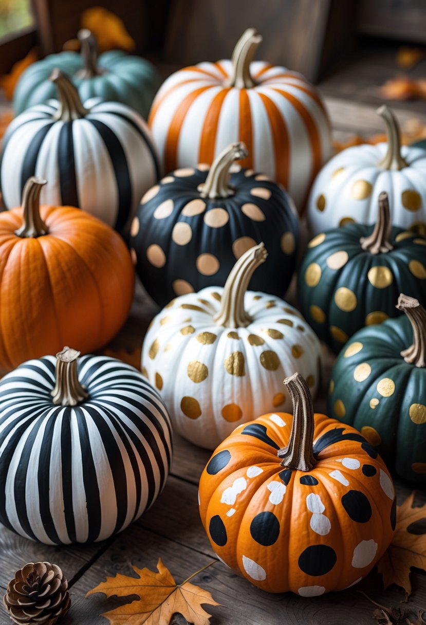 Ten painted pumpkins with various striped, zigzag, and dotted patterns in different colors arranged on a wooden table with autumn leaves in the background.
