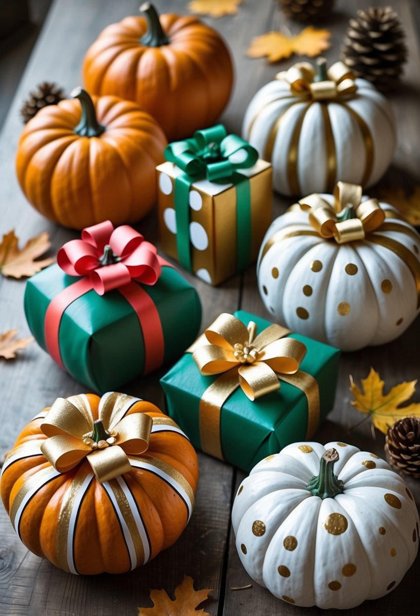 Ten pumpkins painted to look like gift boxes with colorful painted ribbons and bows, arranged on a wooden table with autumn leaves around them.