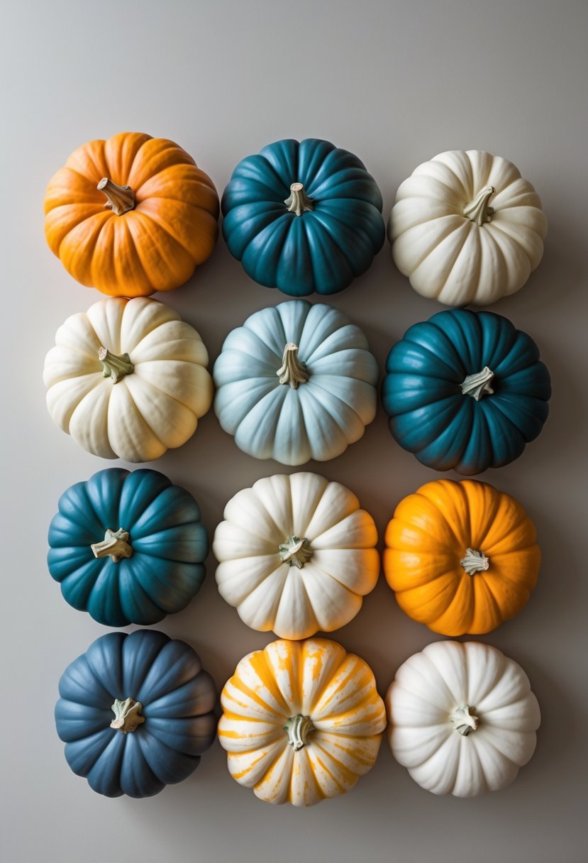 Ten painted pumpkins with smooth gradient color transitions arranged together on a plain surface.