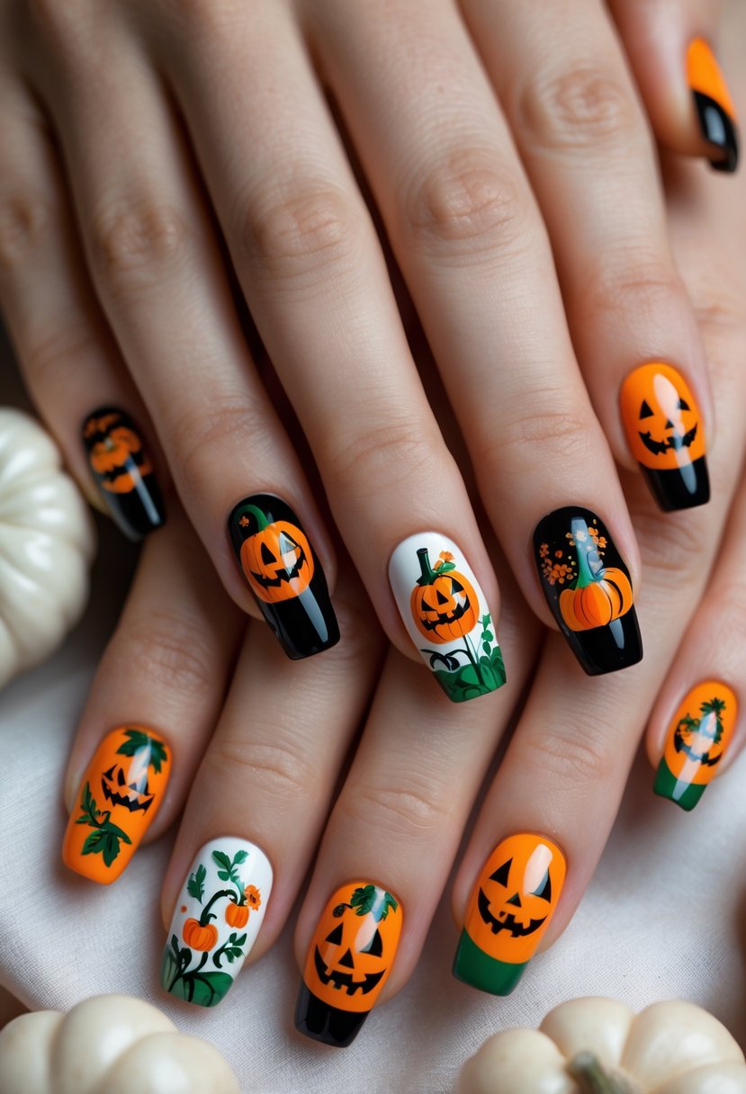 Close-up of hands displaying 30 different pumpkin-themed nail designs with vibrant colors and intricate details.