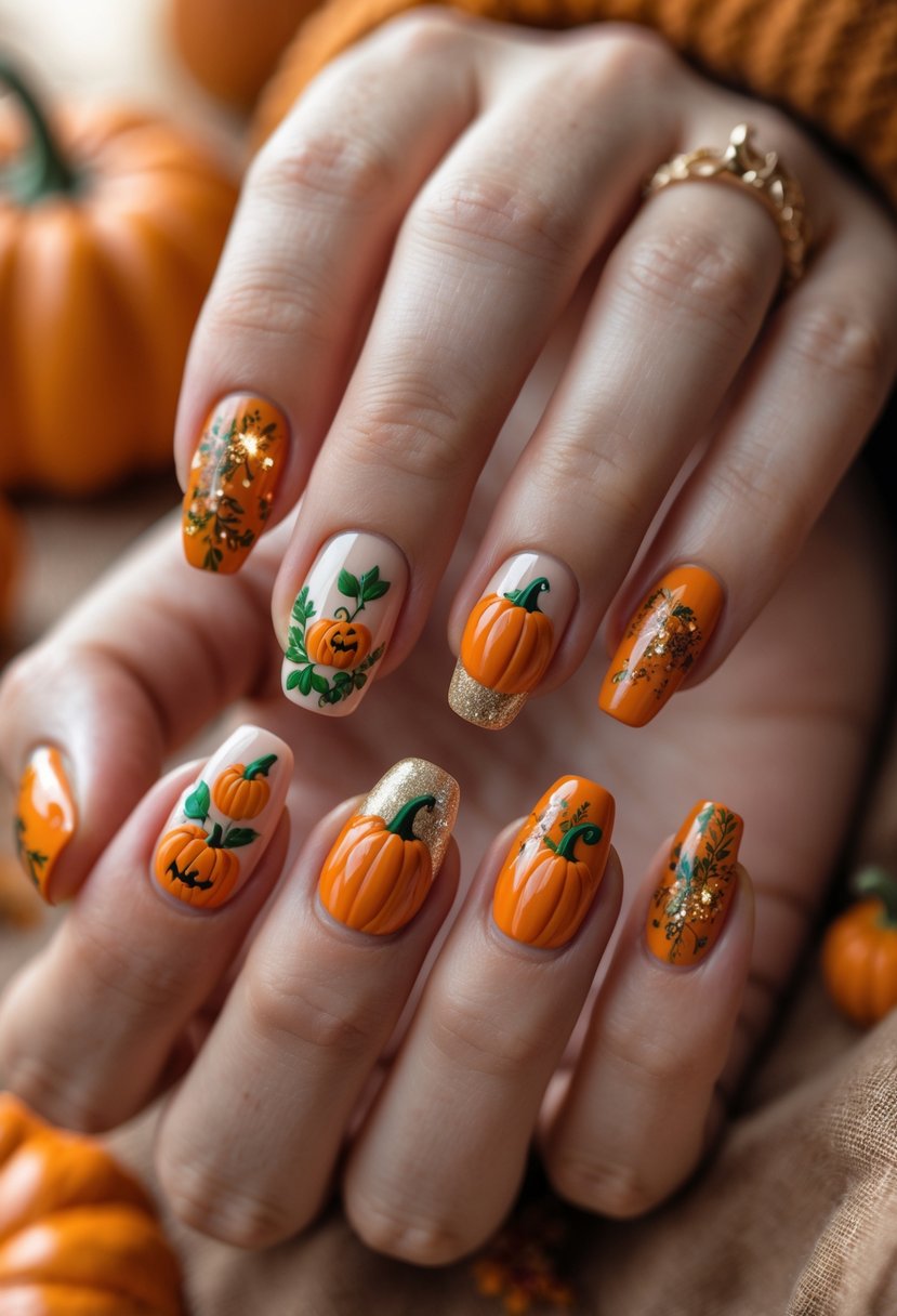 Close-up of hands displaying multiple pumpkin-themed nail designs with autumn colors and patterns.