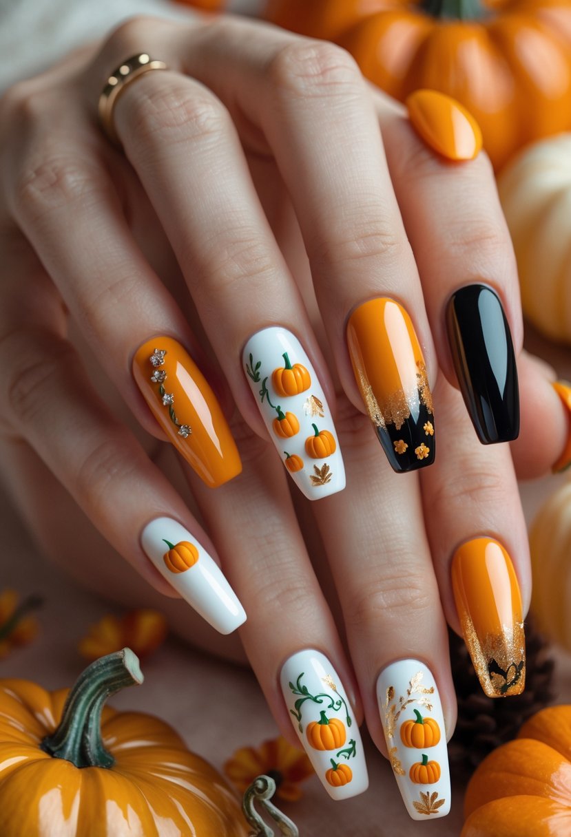 Close-up of hands showing a variety of pumpkin-themed nail designs in autumn colors.
