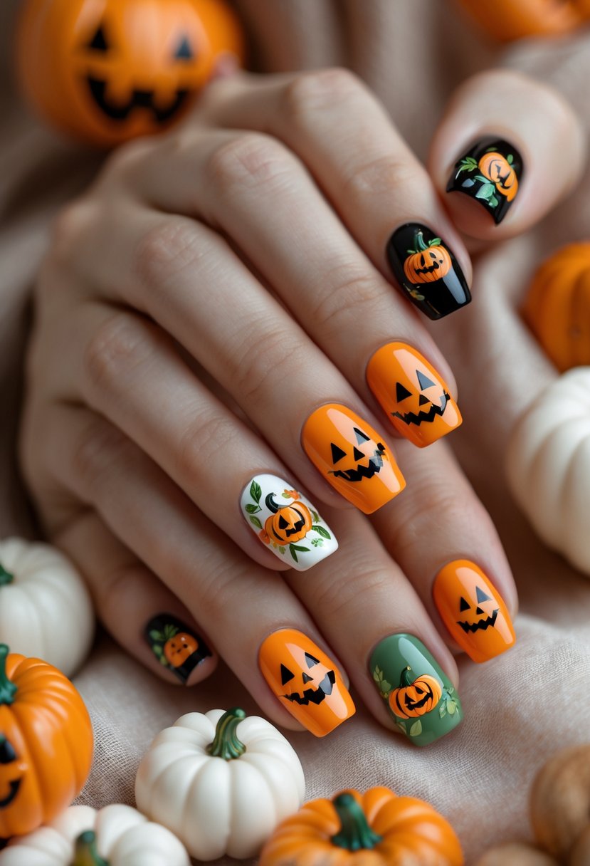 Close-up of hands with various pumpkin-themed nail designs featuring autumn colors and detailed artwork.