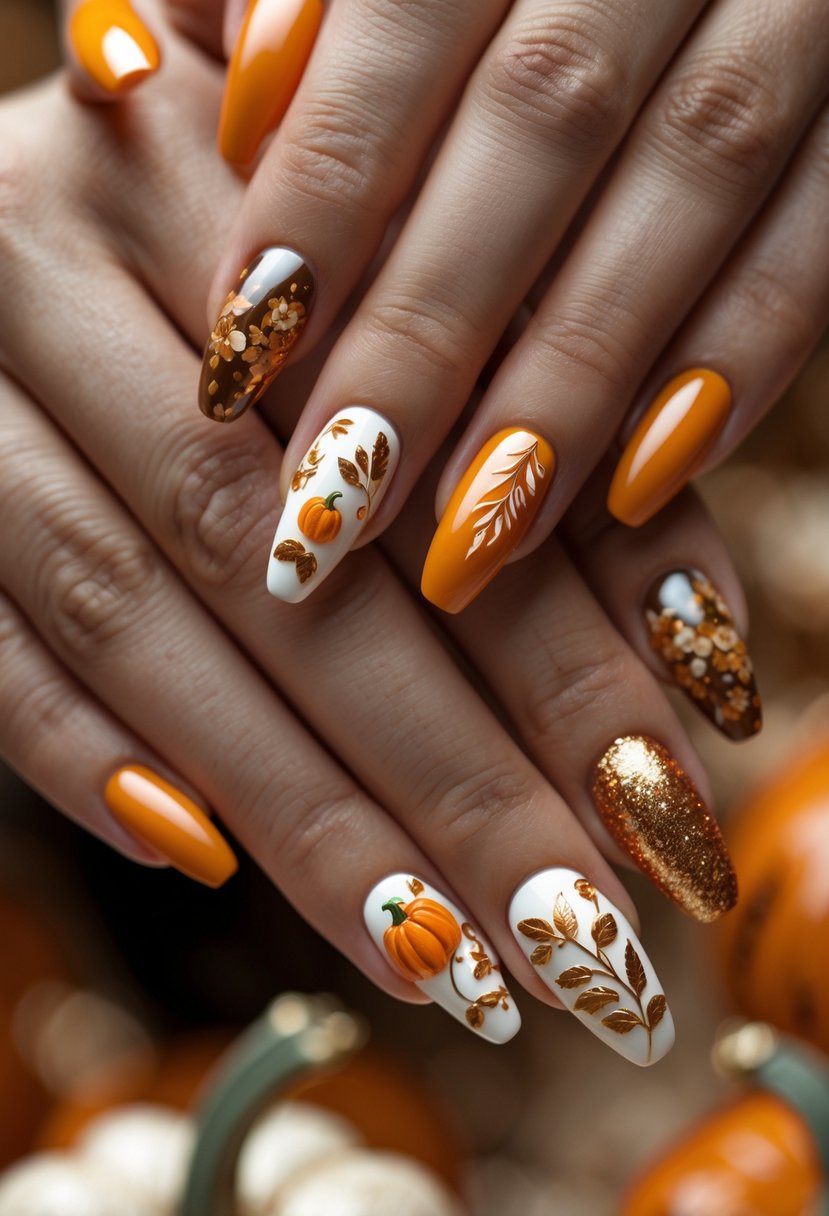 Close-up of hands displaying various pumpkin-inspired nail designs with autumn colors and decorative patterns.