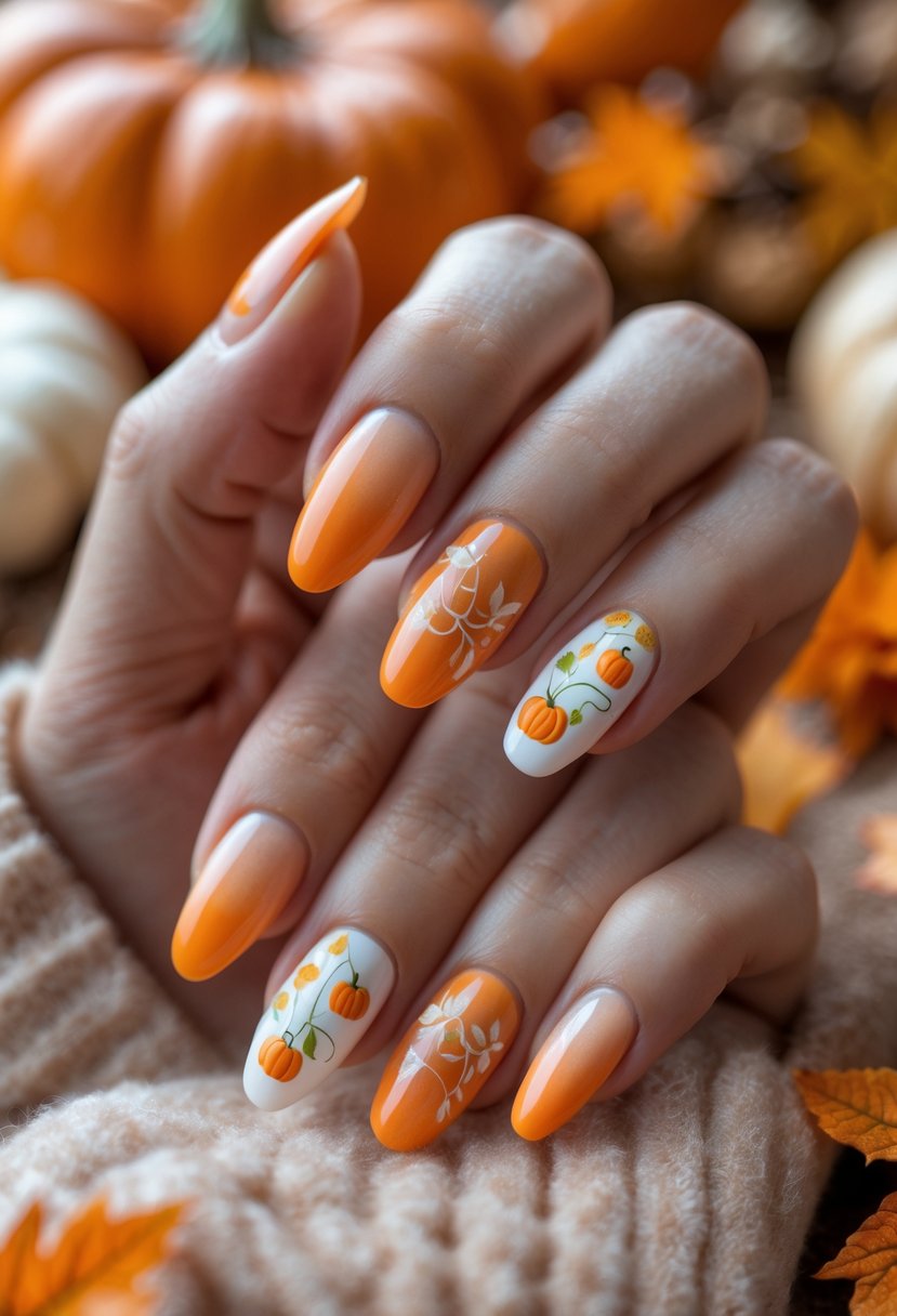 Close-up of hands with nails painted in pumpkin-themed designs, surrounded by autumn decorations.