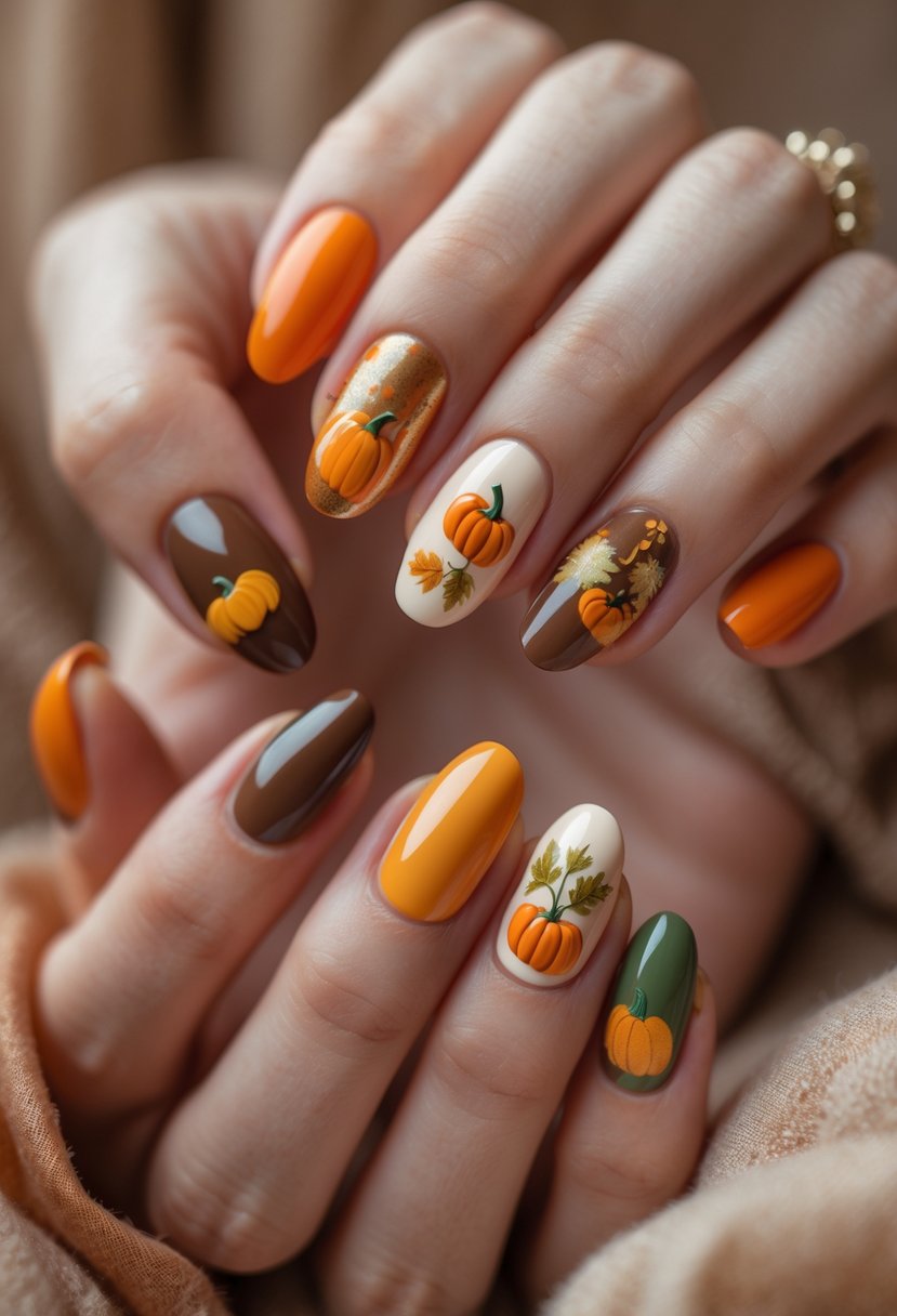 Close-up of hands with various pumpkin-themed nail designs in autumn colors.